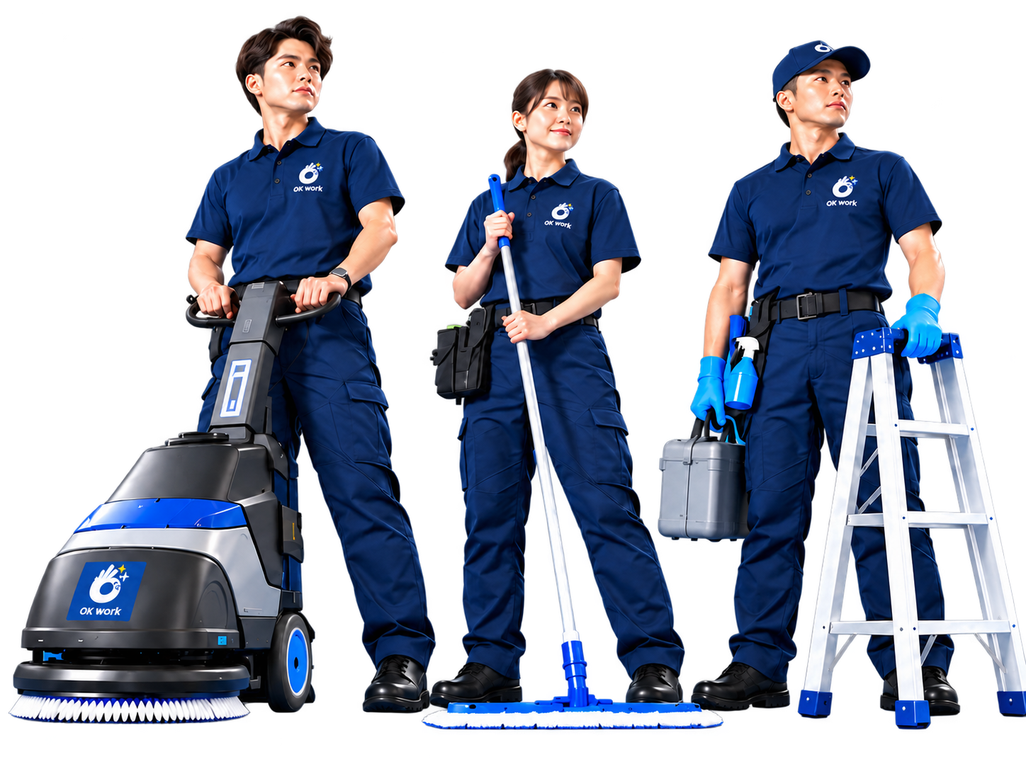 清掃機器・モップ・脚立を備えたOK Workの清掃スタッフ
